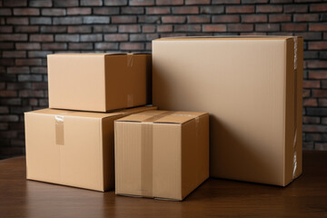 three boxes stacked on top of each other on top of a wooden table in front of a brick wall and a wooden table with a laptop on top of it.
