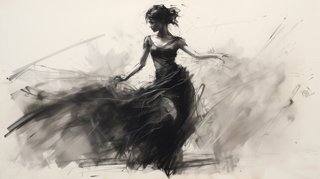 Black charcoal pencil drawing of a young active ballet dancing lady in white background with live performance 
