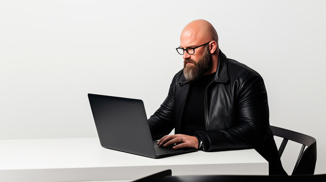 hombre mayor sin cabello, con barba, talla grande y lentes, trabajando en una computador sobre un fondo blanco 