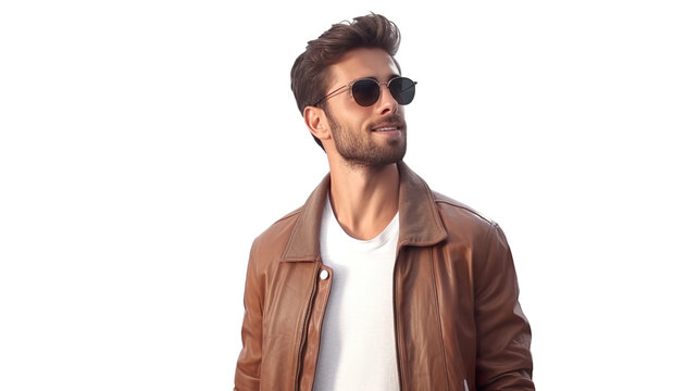 Man stands in the camera, alone against a pure white background, wearing casual attire and sunglasses