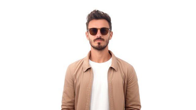 Man stands in the camera, alone against a pure white background, wearing casual attire and sunglasses