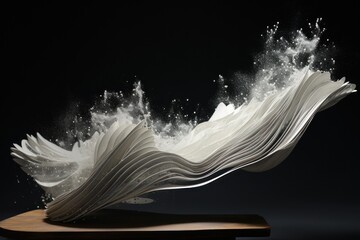  a book that is floating in the air on top of a wooden block of wood with water splashing out of it, on a black background of a black background.