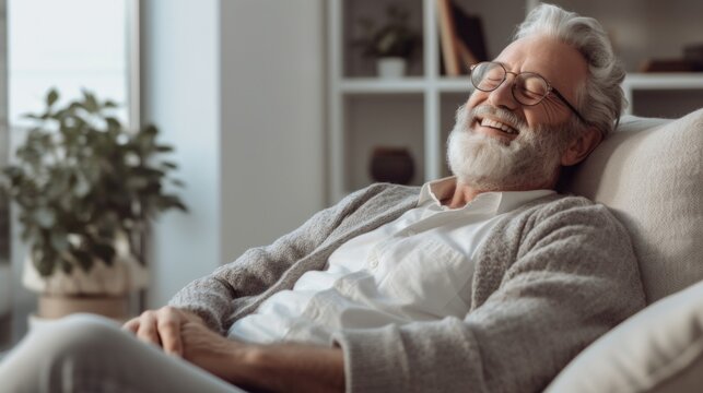 The senior citizen is at ease, relaxing on his living room sofa.