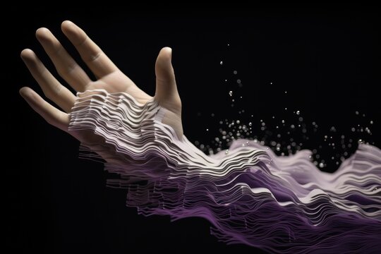  a close up of a person's hand with a wave of water in the middle of the image and a splash of water in the middle of the image.
