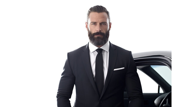 a handsome boss with a beard entering into his car against a white background