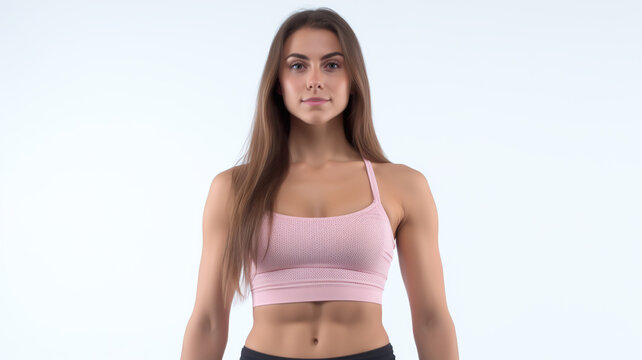 girl wearing sportswear and having a lot of abdominal muscle is isolated on a white background.