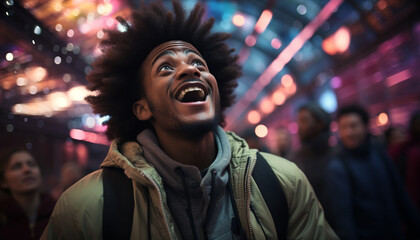 Obraz premium Young adults enjoying the nightlife in the illuminated city, smiling generated by AI