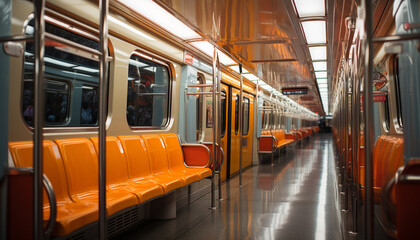 Inside of subway train, passenger waits on illuminated platform generated by AI - obrazy, fototapety, plakaty
