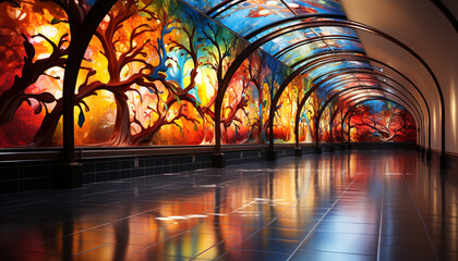 Modern architecture reflects vibrant colors in illuminated underground corridor generated by AI