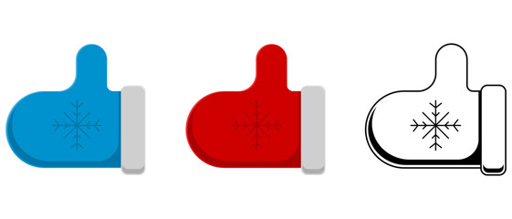 Vector icons. Winter mittens showing like. Gloves with thumbs up. Blue, red, outline. gloves with the image of snowflakes.