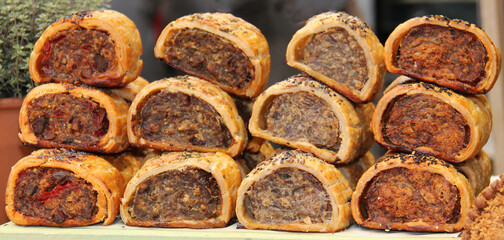 A Display of Different Types of Sausage Rolls.