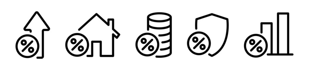 Percentage vector icons. Percents linear icons. Percentage growth signs.