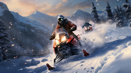 Snowmobiling Adventure in Mountainous Snowy Areas