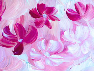 Pink abstract  flowers, original hand drawn, impressionism style, color texture, brush strokes of paint,  art background.