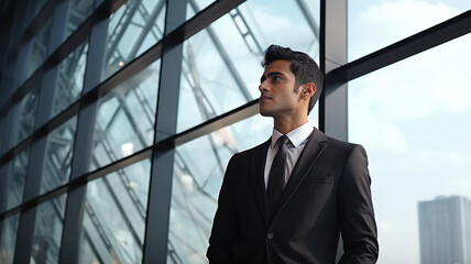 A modern building with an Indian man in a black suit beside the window
