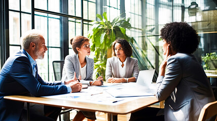 group of people discussing in minute meeting presentation at a conference in a friendly atmosphere in a modern office.