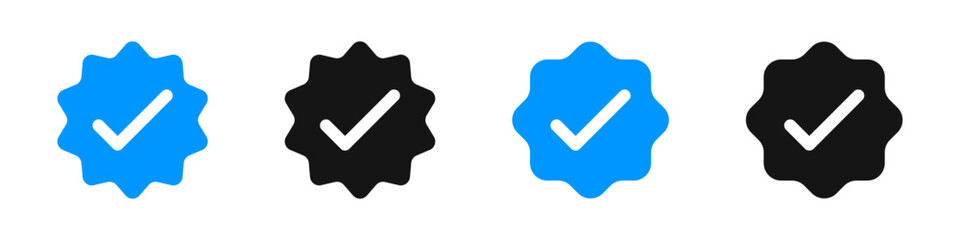 Account verification badge icons. Verified badge collection. Approval checkmark icons.