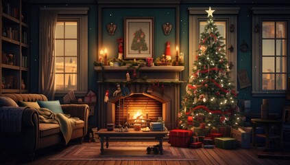 Festive Holiday Living Room with Fireplace and Christmas Tree