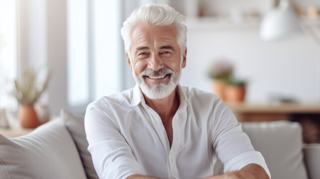 A calm and content older man reclining on the sofa.