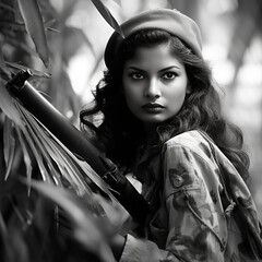 black and white 1940 photo, world war two era 24 year old pretty indian woman in british raj military uniform with a serious face expression in a deep tropical forest - obrazy, fototapety, plakaty