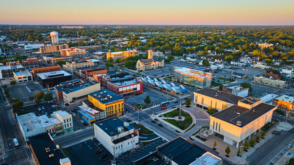 Delaware County Court Administration courthouse building aerial of Muncie city at dawn