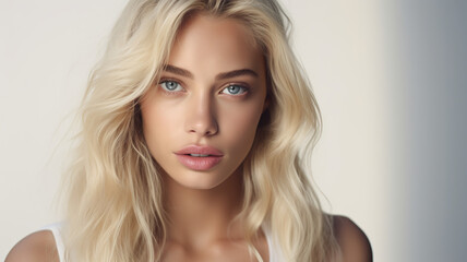 Fototapeta premium Beautiful elegant blond woman in close-up photo, set against a stark white background.