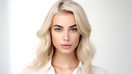 Naklejka premium Beautiful elegant blond woman in close-up photo, set against a stark white background.