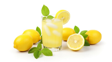 A glass of lemonade with lemons isolated on a white background