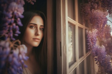 Girl looking over the window covered with purple wisteria plant. Reflective woman dreaming at the...