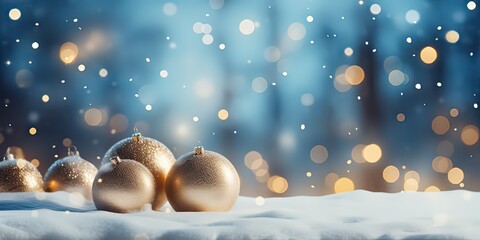 Christmas balls, decorations, snowflakes in a forest of pine trees, on icy Blur bokeh lights, blue background, Decoration for winter season, Celebrations, New Year greeting card with copy space - obrazy, fototapety, plakaty