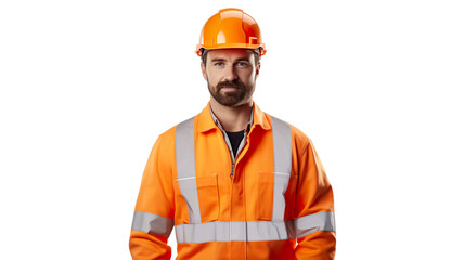 An isolated male builder in a uniform against a stark white background