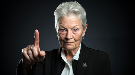 An elegant old woman indicates with her index finger on a black background. 