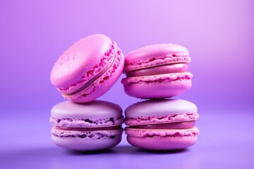  a pile of pink macaroons sitting on top of each other on a blue and purple background with one macaroon sitting on top of the other macaroons.