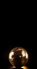 Obraz premium Golden disco ball on black background banner. Shiny glitter reflective night party sphere. Generate ai