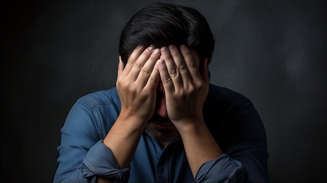 Portrait of Despair: Stressed man Facing Mental Health Struggles,hands on face , Emotional Image