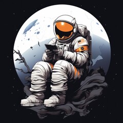 Astronaut sitting on the moon and using his mobile phone. Astronaut Sticker. Sticker. Logotype.