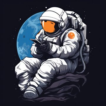 Astronaut in spacesuit holding a smartphone. Astronaut Sticker. Sticker. Logotype.