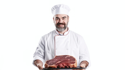 A guy master chef is holding steak meat and it is isolated on a white background.