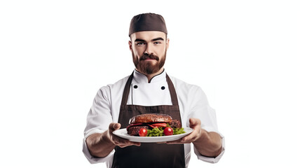 A guy master chef is holding steak meat and it is isolated on a white background.