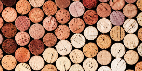 Banner of wine cork from red and white wine, natural texture used bottle stoppers top view, color...