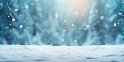 Snowflakes in a forest of pine trees, on icy blue background covered with white snow, Decoration for winter season, Christmas celebrations, New Year greeting card with copy space