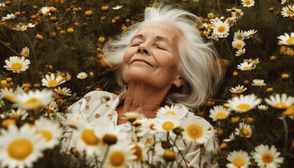 Smiling senior woman enjoys relaxation in sunny chamomile meadow generated by AI