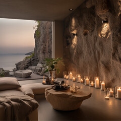 santorini inspired airbnb large open interior with natural feel light stone walls, cliff edge...