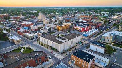 Delaware County Court Administration building in downtown Muncie Indiana aerial at dawn