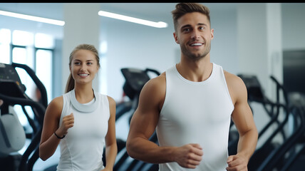 Fototapeta na wymiar A young athletic pair doing cardio in a modern gym, isolated on a pure white background.