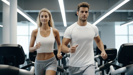 Fototapeta na wymiar A young athletic pair doing cardio in a modern gym, isolated on a pure white background.