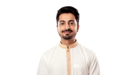 Pakistani man dressed in traditional attire Isolated salwar kameez on a pristine white background - obrazy, fototapety, plakaty