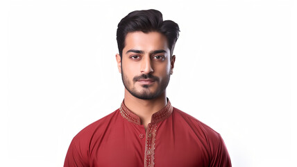 Obraz premium Pakistani man dressed in traditional attire Isolated salwar kameez on a pristine white background