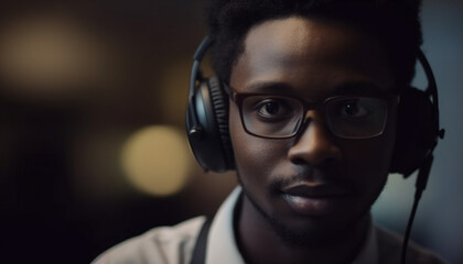 Obraz premium Young adult African musician smiling, wearing headphones and eyeglasses generated by AI