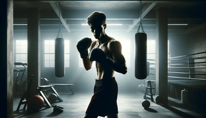 Fototapeta na wymiar Training Boxer's Silhouette in a Moody Boxing Gym. AI Generated.